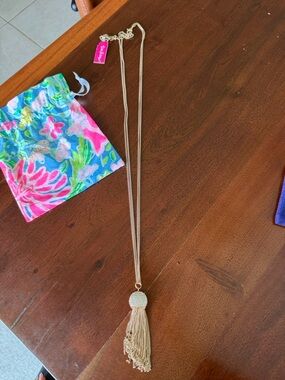 Lilly Pulitzer Gold Tassel Pendant Necklace with Pink Logo Pouch